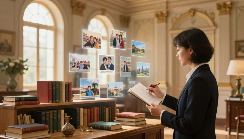 A serene and visually engaging scene depicting a person utilizing the Memory Palace Technique. In the foreground, a focused individual dressed in professional attire stands in a beautifully illuminated room filled with books and memories represented by translucent floating images, such as family photos and historical landmarks. In the middle, shelves are lined with colorful books and artifacts that symbolize knowledge and memory enhancement. The background showcases an elegant, classical architecture resembling a palace, with warm golden lighting streaming through large windows, creating a tranquil and inspiring atmosphere. The composition is balanced with a slight depth of field, ensuring the viewer's attention is drawn to the engaged individual while still appreciating the rich details around them, conveying the theme of enhancing recall and overcoming memory challenges. A serene and visually engaging scene depicting a person utilizing the Memory Palace Technique. In the foreground, a focused individual dressed in professional attire stands in a beautifully illuminated room filled with books and memories represented by translucent floating images, such as family photos and historical landmarks. In the middle, shelves are lined with colorful books and artifacts that symbolize knowledge and memory enhancement. The background showcases an elegant, classical architecture resembling a palace, with warm golden lighting streaming through large windows, creating a tranquil and inspiring atmosphere. The composition is balanced with a slight depth of field, ensuring the viewer's attention is drawn to the engaged individual while still appreciating the rich details around them, conveying the theme of enhancing recall and overcoming memory challenges.