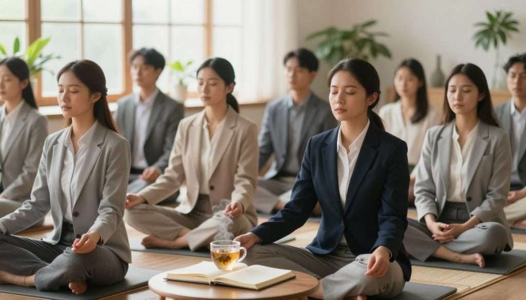 A serene, contemplative scene depicting mindful thinking in daily life. In the foreground, a diverse group of individuals, dressed in professional business attire, is seated in a sunlit, cozy room, engaged in meditation or reflection with closed eyes and calm expressions. The middle ground features soft, flowing plants and a small table with an open journal and a steaming cup of herbal tea, symbolizing introspection. The background showcases large windows allowing gentle natural light to filter in, illuminating the scene with a warm glow. The atmosphere is tranquil and focused, evoking a sense of inner peace and clarity. The image captures the essence of mindfulness, encouraging viewers to embrace intentional thinking and reflection.