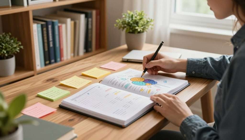 A serene home office scene, with a wooden desk in the foreground, featuring a neatly organized planner opened to a weekly schedule focused on memory improvement techniques. A person in smart casual attire sits at the desk, thoughtfully engaging with a colorful mind map and sticky notes scattered around, depicting various memory strategies. In the middle ground, a bookshelf filled with books on learning and cognitive enhancement is visible, alongside a plant that adds a touch of nature. The background features a window with soft, natural light streaming in, creating a warm and inviting atmosphere. The overall mood is one of focus, productivity, and inspiration, capturing the essence of developing habits for stronger memory.