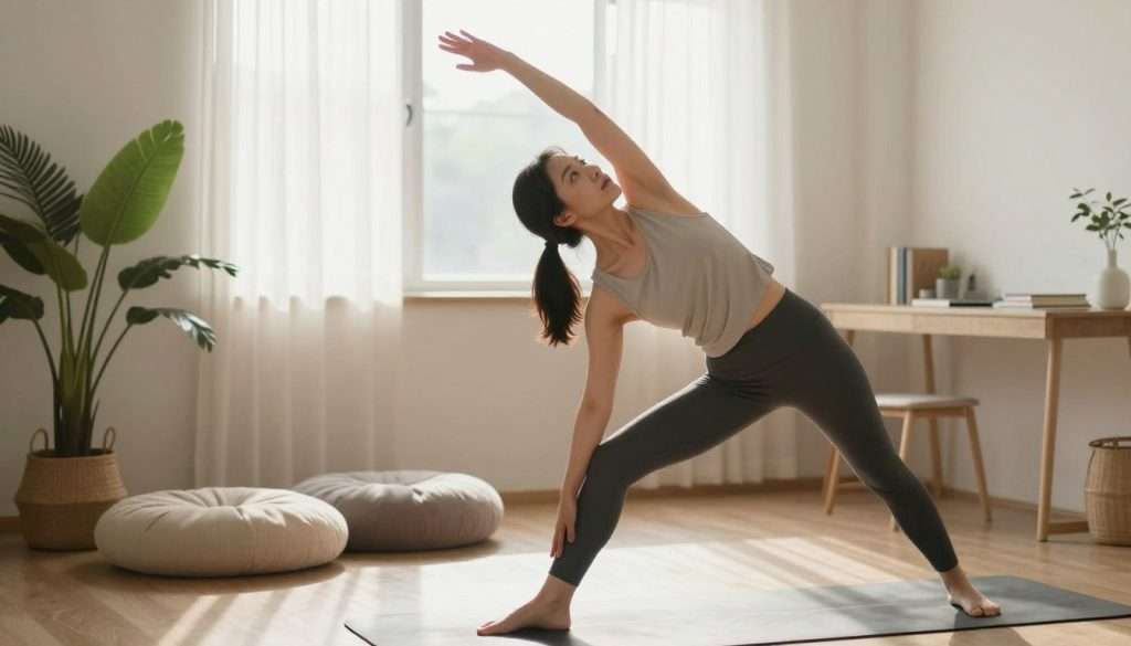 A serene indoor setting where a professional woman in modest casual clothing is engaged in a graceful stretching routine, embodying physical tension release. In the foreground, she stands on a yoga mat, her arms lifted towards the ceiling with a look of calm and focus on her face. In the middle ground, soft, plush cushions and a potted plant add warmth to the environment, while gentle, diffused sunlight filters in through a large window, casting a soft glow on her figure. In the background, a minimalist desk with study materials hints at a focus on personal growth. The overall atmosphere is calm and uplifting, emphasizing relaxation and grounding through movement. The angle should be slightly low, capturing her release of tension while highlighting the serene environment around her.