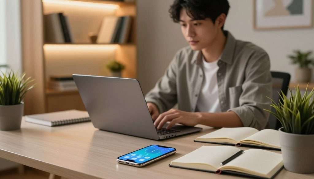 A serene, modern workspace highlighting effective screen time management. In the foreground, a tidy desk features a smartphone with its screen displaying a timer app, symbolizing control over screen usage. To the right, a potted plant and an open notebook, suggesting productivity and focus. In the middle area, a young professional in smart casual attire is engaging with a laptop. Their expression reflects concentration, emphasizing a balanced approach to technology. In the background, softly lit shelves hold books about mindfulness and productivity. The lighting is warm and inviting, creating a calm atmosphere. The angle is slightly elevated, providing a comprehensive view of the setup, showcasing a harmonious blend of focus and relaxation within the workspace.