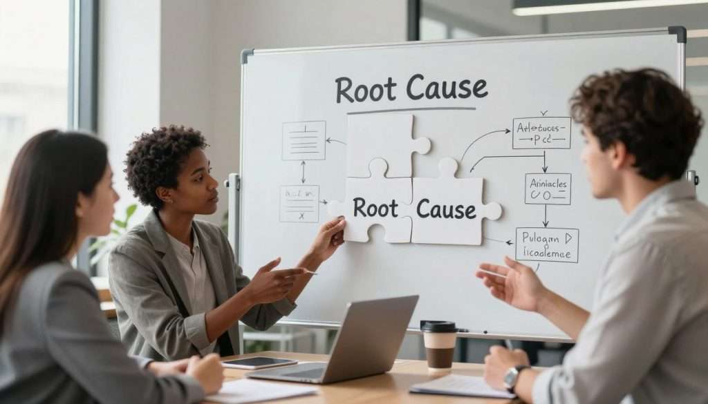 A serene office environment focused on problem-solving. In the foreground, a diverse group of three professionals—one woman and two men—are engaged in a lively discussion, each representing different backgrounds and ethnicities. They are dressed in smart casual attire and are gathered around a whiteboard filled with diagrams and flowcharts depicting the process of root cause analysis. In the middle, a large puzzle piece labeled "Root Cause" is prominently displayed, symbolizing the idea of simplifying complex problems. In the background, soft natural light filters through large windows, illuminating the space and creating a calm atmosphere. The overall mood is collaborative and insightful, emphasizing teamwork in breaking down difficult challenges. The composition captures the essence of clarity and focus in problem-solving. A serene office environment focused on problem-solving. In the foreground, a diverse group of three professionals—one woman and two men—are engaged in a lively discussion, each representing different backgrounds and ethnicities. They are dressed in smart casual attire and are gathered around a whiteboard filled with diagrams and flowcharts depicting the process of root cause analysis. In the middle, a large puzzle piece labeled "Root Cause" is prominently displayed, symbolizing the idea of simplifying complex problems. In the background, soft natural light filters through large windows, illuminating the space and creating a calm atmosphere. The overall mood is collaborative and insightful, emphasizing teamwork in breaking down difficult challenges. The composition captures the essence of clarity and focus in problem-solving.