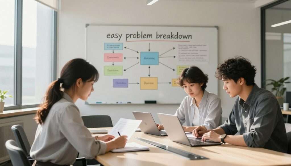 A serene office setting illustrating an "easy problem breakdown" concept. In the foreground, a diverse group of three professionals—one woman and two men—are collaboratively working around a sleek conference table, each focused on various documents and a laptop. The middle ground features a whiteboard filled with colorful, well-organized diagrams and bullet points, symbolizing simple steps in problem-solving. In the background, large windows allow natural light to filter in, creating a warm and inviting atmosphere. Soft shadows enhance the scene, emphasizing a sense of clarity and productivity. The mood is calm yet focused, highlighting teamwork and efficient brainstorming with a clean, modern aesthetic. A serene office setting illustrating an "easy problem breakdown" concept. In the foreground, a diverse group of three professionals—one woman and two men—are collaboratively working around a sleek conference table, each focused on various documents and a laptop. The middle ground features a whiteboard filled with colorful, well-organized diagrams and bullet points, symbolizing simple steps in problem-solving. In the background, large windows allow natural light to filter in, creating a warm and inviting atmosphere. Soft shadows enhance the scene, emphasizing a sense of clarity and productivity. The mood is calm yet focused, highlighting teamwork and efficient brainstorming with a clean, modern aesthetic.