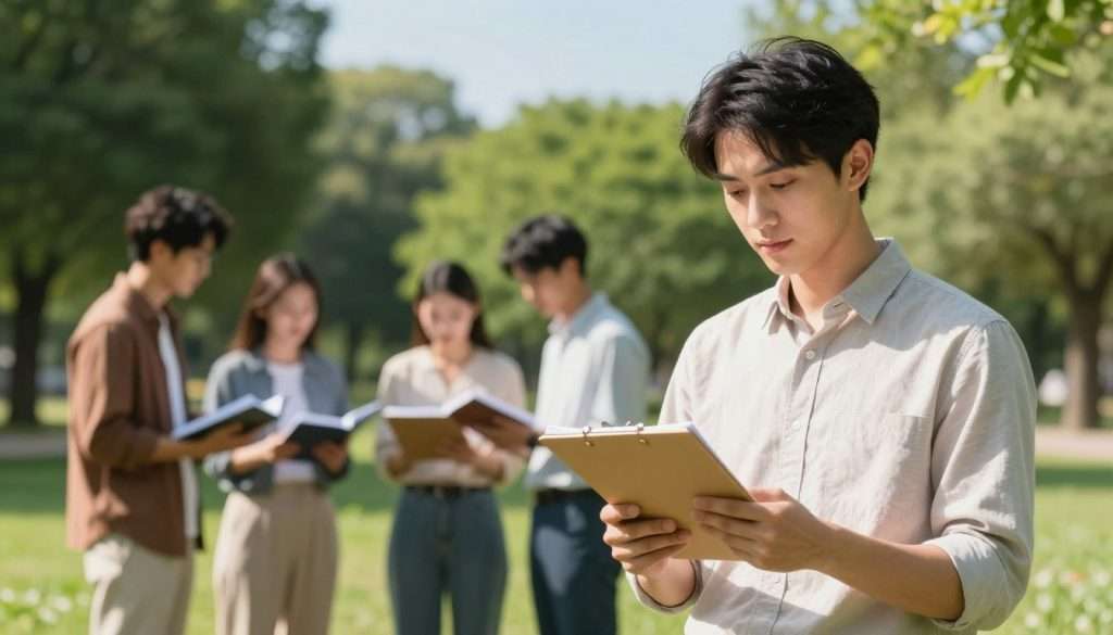 A serene outdoor setting depicting a young professional in smart casual attire, standing in a park while practicing recall exercises from a notepad. The foreground features the individual focused intently, with bright sunlight illuminating their face, creating a warm and inviting atmosphere. In the middle ground, a group of diverse people engage in similar recall activities, immersed in conversation and sharing notes, adding to the sense of collaboration. The background reveals lush green trees and a clear blue sky, enhancing the tranquil environment. The lighting is natural and bright, emphasizing clarity and focus. The overall mood conveys concentration, optimism, and the joy of learning in a real-world context, illustrating the importance of practicing recall. A serene outdoor setting depicting a young professional in smart casual attire, standing in a park while practicing recall exercises from a notepad. The foreground features the individual focused intently, with bright sunlight illuminating their face, creating a warm and inviting atmosphere. In the middle ground, a group of diverse people engage in similar recall activities, immersed in conversation and sharing notes, adding to the sense of collaboration. The background reveals lush green trees and a clear blue sky, enhancing the tranquil environment. The lighting is natural and bright, emphasizing clarity and focus. The overall mood conveys concentration, optimism, and the joy of learning in a real-world context, illustrating the importance of practicing recall.