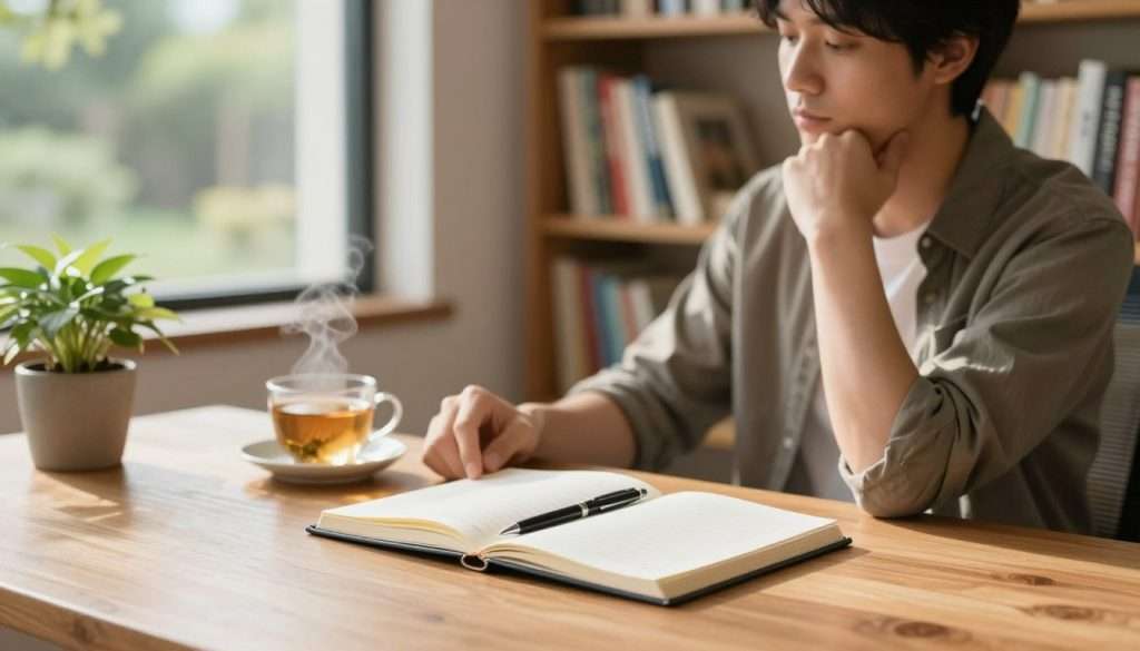 A serene study environment capturing the essence of "studying with a clear mind." In the foreground, a neatly organized wooden desk with an open notebook and a sleek pen resting on top, symbolizing the brain dump method. A focused individual, dressed in casual yet professional attire, sits comfortably with a relaxed posture, gazing thoughtfully at the notebook. In the middle ground, a cup of steaming herbal tea sits beside a potted plant, adding a touch of tranquility. The background features softly blurred bookshelves filled with vibrant books, illuminated by warm, natural light streaming through a large window that frames a peaceful garden view. The overall mood conveys calmness and focus, emphasizing a cleared mental space ready for effective studying. A serene study environment capturing the essence of "studying with a clear mind." In the foreground, a neatly organized wooden desk with an open notebook and a sleek pen resting on top, symbolizing the brain dump method. A focused individual, dressed in casual yet professional attire, sits comfortably with a relaxed posture, gazing thoughtfully at the notebook. In the middle ground, a cup of steaming herbal tea sits beside a potted plant, adding a touch of tranquility. The background features softly blurred bookshelves filled with vibrant books, illuminated by warm, natural light streaming through a large window that frames a peaceful garden view. The overall mood conveys calmness and focus, emphasizing a cleared mental space ready for effective studying.