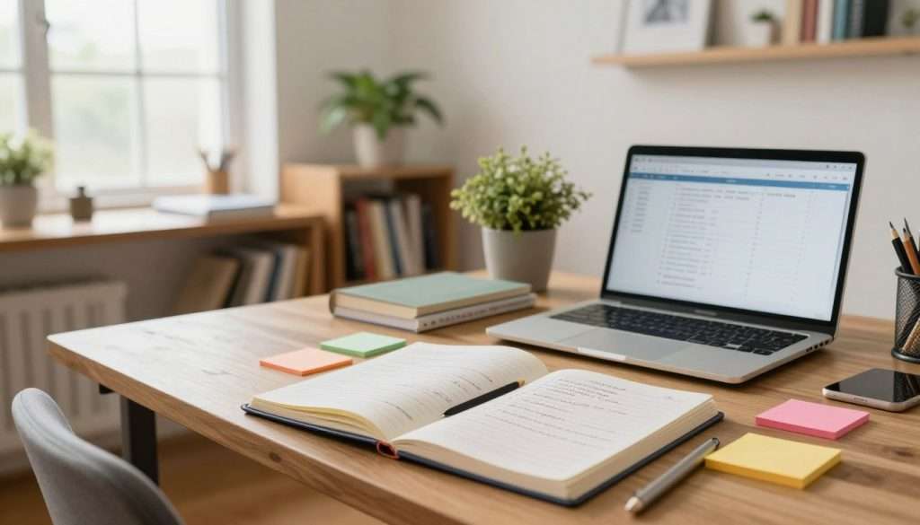 A serene study environment conveys focus and productivity. In the foreground, a well-organized wooden desk displays an open notebook filled with neatly written study tips, colorful sticky notes, and a laptop screen showing a study schedule. The middle ground features a tidy bookshelf filled with various textbooks and a potted plant for a touch of nature. In the background, a large window allows soft, natural light to pour in, illuminating the space and creating a warm, inviting atmosphere. A comfortable chair sits beside the desk, suggesting a perfect spot for dedicated study time. The mood is calm yet inspiring, encouraging efficient review and readiness for exams. Use a wide-angle lens effect to capture the entire scene with bright, natural lighting.