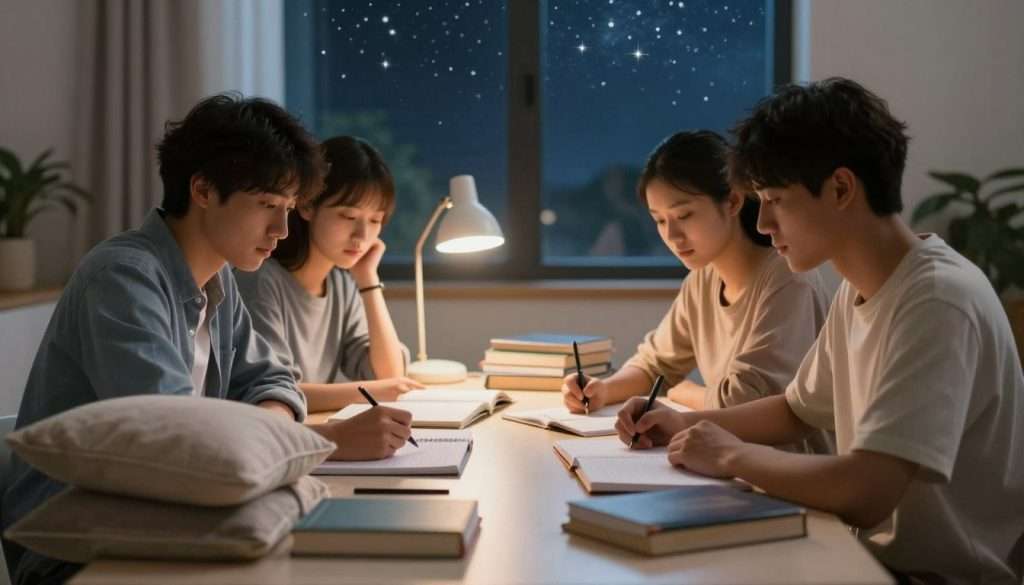 A serene study environment depicting a diverse group of students, three to four individuals, sitting around a table, discussing and sharing notes. They are in comfortable, modest casual clothing, embodying focus and engagement. The foreground features scattered textbooks, notebooks, and a cozy stack of pillows, symbolizing a balance between study and rest. In the middle ground, a soft glow from a nearby desk lamp casts gentle light, illuminating the students' faces and emphasizing their concentration. The background showcases a window with a view of a peaceful night sky sprinkled with stars, creating a calming atmosphere. The overall mood is one of tranquility and focus, suggesting the importance of adequate sleep as a foundation for effective learning. Use soft, warm lighting to enhance the comfort of the scene, captured with a slight depth of field.