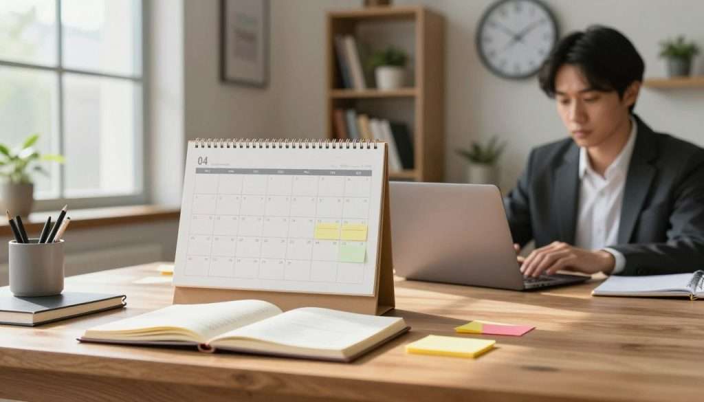 A serene study environment, featuring a cozy wooden desk in the foreground, adorned with open notebooks, a laptop, and colorful sticky notes illustrating the concept of spaced repetition. In the middle ground, a neatly organized calendar and a wall clock emphasize timed study sessions, symbolizing effective learning techniques. The background includes a softly lit bookshelf filled with educational materials and plants, contributing to a calm atmosphere. Natural light streams in through a large window, casting gentle shadows that enhance the peaceful setting. The mood is focused and inspiring, ideal for productive learning. Ensure any human subjects are depicted in professional business attire, deeply engaged in their studies, reflecting a commitment to effective learning practices.