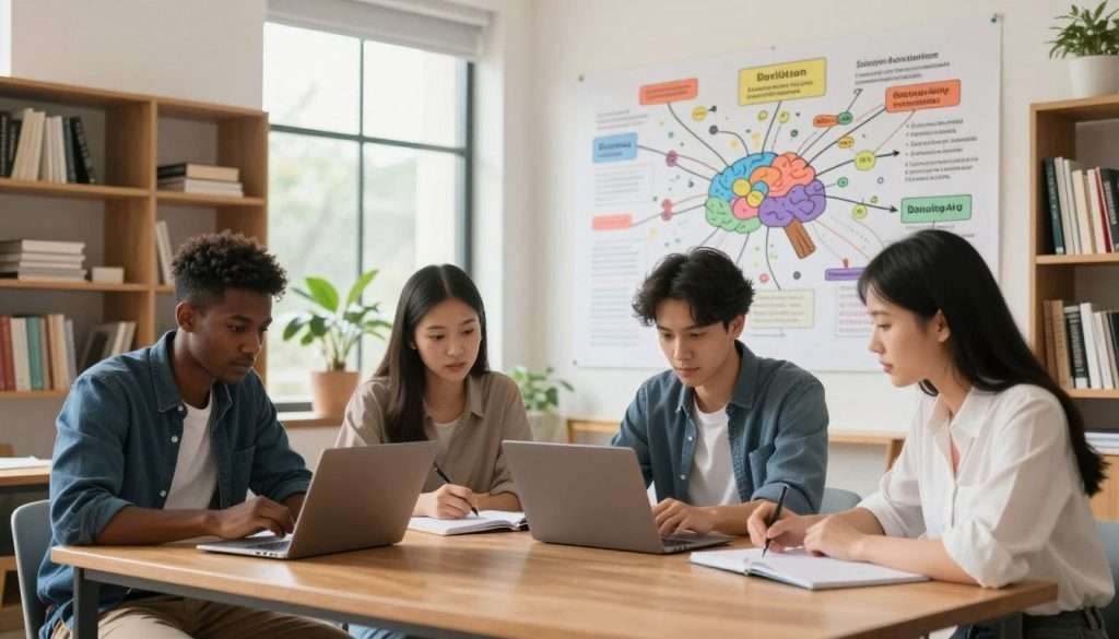 A serene study environment featuring a large, colorful mind map displayed on a wall. In the foreground, a diverse group of three students—one Black, one Hispanic, and one Asian—are seated at a modern wooden table, deeply focused on their study materials. Each student is dressed in professional casual attire, with notebooks and laptops open, actively discussing ideas. The middle ground showcases a well-lit room with natural light streaming through a window, illuminating the mind map filled with branches and keywords. In the background, bookshelves line the walls, filled with textbooks and study resources. The mood is collaborative and inspiring, promoting an atmosphere of active learning and engagement, captured from a slight angle to encompass both the students and the mind map. Soft lighting enhances the warm, inviting feel of the workspace. A serene study environment featuring a large, colorful mind map displayed on a wall. In the foreground, a diverse group of three students—one Black, one Hispanic, and one Asian—are seated at a modern wooden table, deeply focused on their study materials. Each student is dressed in professional casual attire, with notebooks and laptops open, actively discussing ideas. The middle ground showcases a well-lit room with natural light streaming through a window, illuminating the mind map filled with branches and keywords. In the background, bookshelves line the walls, filled with textbooks and study resources. The mood is collaborative and inspiring, promoting an atmosphere of active learning and engagement, captured from a slight angle to encompass both the students and the mind map. Soft lighting enhances the warm, inviting feel of the workspace.