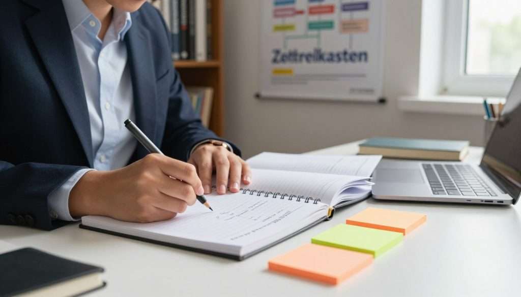 A serene study environment featuring a person in professional business attire seated at a well-organized desk, focused intently on taking notes in a structured notebook. The foreground showcases a close-up of neatly arranged Cornell Notes alongside vibrant sticky notes and colored pens, emphasizing effective learning techniques. In the middle ground, an academic poster illustrating the Zettelkasten method hangs on the wall, subtly blending education with creativity. The background reveals bookshelves filled with educational books, adding an intellectual ambiance. Soft, natural lighting filters through a nearby window, casting gentle shadows that enhance a calm and productive atmosphere. The overall mood promotes a sense of motivation and clarity, illustrating the theme of memory retention and exam preparation.