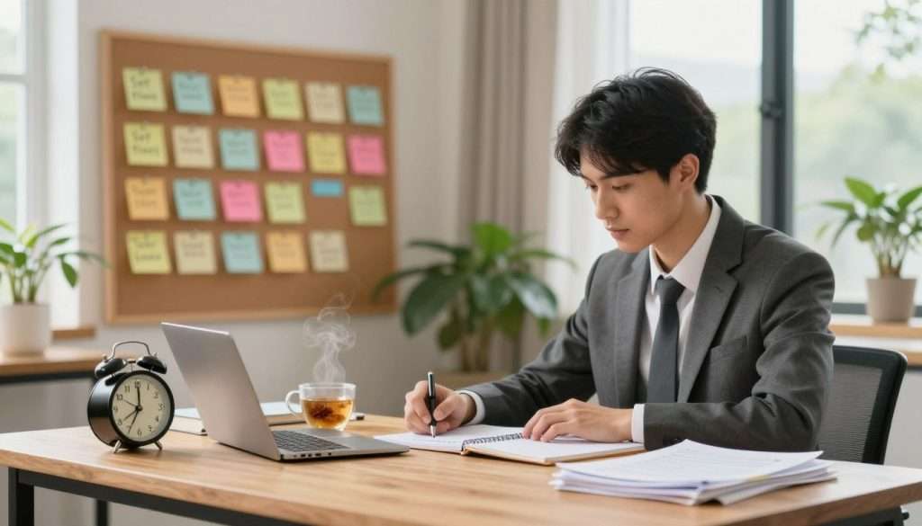 A serene study environment, featuring a well-organized wooden desk in the foreground with a classic analog clock, neatly placed notebooks, and a steaming cup of herbal tea. A focused student in professional business attire is seated at the desk, gently pushing aside distractions, like a phone and cluttered papers, symbolizing recovery of focus. In the middle ground, a pinboard displays colorful sticky notes with simple study tips like "Set timers," "Take breaks," and "Create a study schedule." The background features a softly lit room with large windows allowing natural light to flood in, surrounded by green plants, promoting a calming atmosphere. The image conveys a sense of tranquility and motivation, encouraging a productive study session.