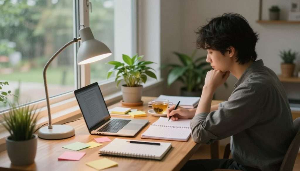 A serene study environment, featuring a wooden desk cluttered with notebooks, colorful sticky notes, and a laptop. In the foreground, a person in smart casual attire sits focused, deep in thought, with a soft glow of a desk lamp illuminating their study materials. The middle ground showcases a calming green potted plant and a cup of herbal tea, symbolizing relaxation and mental well-being. In the background, a large window allows gentle natural light to stream in, revealing a peaceful outdoor scene with trees, promoting a distraction-free zone. The atmosphere is tranquil and organized, encouraging focus and protection of mental energy, with warm lighting to create a cozy, inspiring vibe. A serene study environment, featuring a wooden desk cluttered with notebooks, colorful sticky notes, and a laptop. In the foreground, a person in smart casual attire sits focused, deep in thought, with a soft glow of a desk lamp illuminating their study materials. The middle ground showcases a calming green potted plant and a cup of herbal tea, symbolizing relaxation and mental well-being. In the background, a large window allows gentle natural light to stream in, revealing a peaceful outdoor scene with trees, promoting a distraction-free zone. The atmosphere is tranquil and organized, encouraging focus and protection of mental energy, with warm lighting to create a cozy, inspiring vibe.