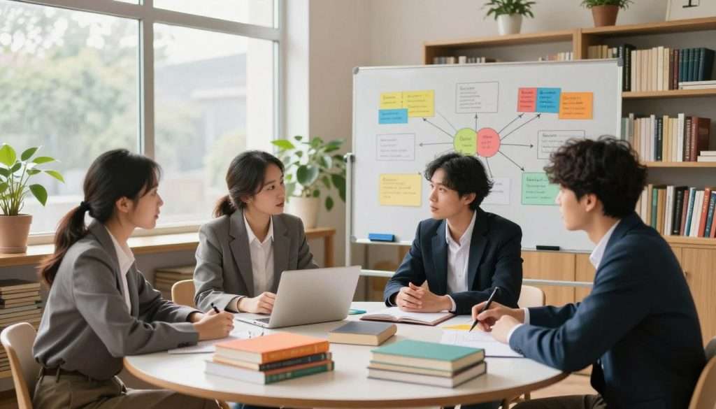 A serene study environment filled with natural light filtering through large windows. In the foreground, a diverse group of three individuals—two men and one woman—engaged in focused discussion around a circular table stacked with colorful books and notes. They are dressed in professional business attire, conveying a sense of dedication and teamwork. The middle scene features a whiteboard with mind maps and memory techniques illustrated in bold colors, enhancing the theme of learning retention. In the background, shelves are filled with neatly organized books, plants adding a touch of greenery. The overall atmosphere is one of productivity and collaboration, with warm lighting creating an inviting and motivating mood, captured from a slightly elevated angle to highlight the interaction and learning environment.