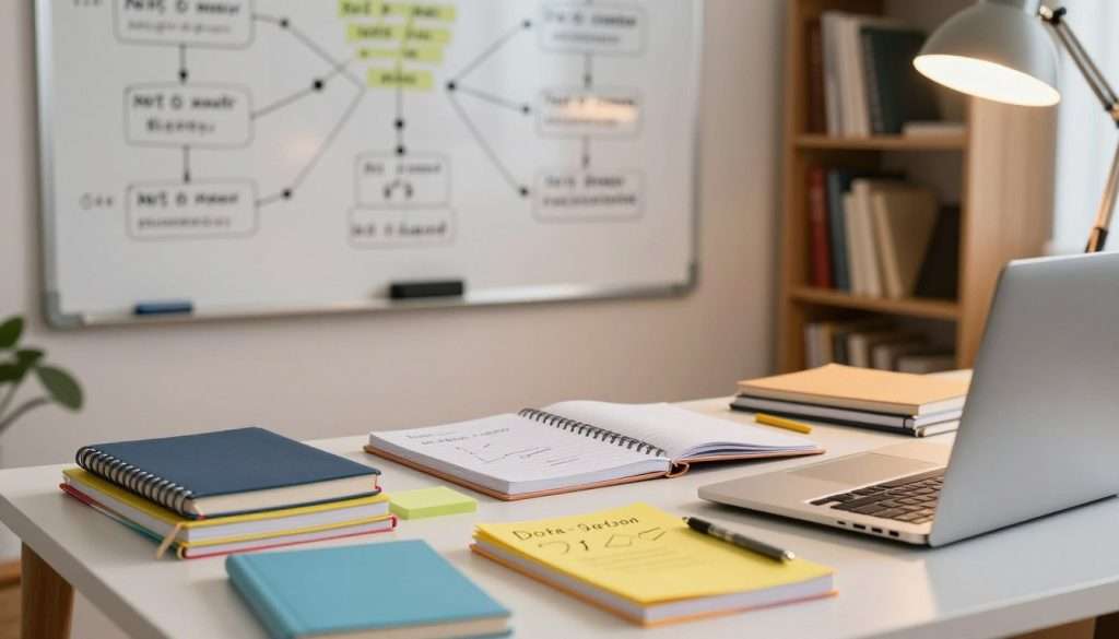 A serene study environment focused on effective note-taking methods. In the foreground, an organized desk features a variety of colorful notebooks, sticky notes, and a laptop, representing different note-taking methods. A neat pile of index cards with keywords and symbols is visible, symbolizing the organization of thoughts. In the middle ground, a large whiteboard displays mind maps and bullet points, illustrating ideas and connections. The background showcases a well-lit bookshelf filled with books, enhancing the atmosphere of scholarly learning. Soft, warm lighting from a desk lamp creates an inviting mood, while the camera angle captures the scene at a slight top-down perspective, emphasizing the study materials. The overall image feels inspiring and motivating, suitable for someone looking to enhance their note-taking and organizational skills.