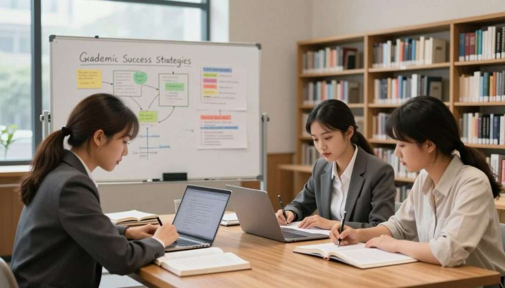 A serene study environment illustrating academic success strategies. In the foreground, a diverse group of three students—two in professional business attire and one in modest casual clothing—are engaged in collaborative study at a wooden table filled with open textbooks, notebooks, and laptops. In the middle ground, a whiteboard with colorful charts and diagrams outlines key strategies such as goal-setting, time management, and effective note-taking. In the background, a well-lit library with tall bookshelves is visible, creating a scholarly atmosphere. Soft, natural lighting filters through the large windows, enhancing a sense of calm and focus. The overall mood is motivating and supportive, emphasizing teamwork and dedication in the pursuit of long-term academic success.