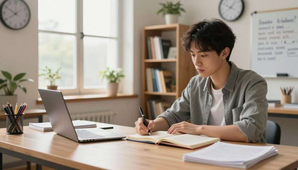 A serene study environment illustrating the concept of consistent learning. In the foreground, a well-organized desk with an open notebook, pens, and a laptop displays notes and study materials. A focused student, wearing smart casual attire, is seated at the desk, actively engaging with the material, looking determined but relaxed. In the middle ground, a large window allows soft, warm natural light to flood the room, illuminating a bookshelf filled with educational resources and plants, adding a touch of life. The background features calming elements like a clock indicating time management, and a whiteboard with motivational quotes. The overall atmosphere conveys a sense of peaceful productivity and resilience, embodying the theme of recovering quickly after missing study sessions. A serene study environment illustrating the concept of consistent learning. In the foreground, a well-organized desk with an open notebook, pens, and a laptop displays notes and study materials. A focused student, wearing smart casual attire, is seated at the desk, actively engaging with the material, looking determined but relaxed. In the middle ground, a large window allows soft, warm natural light to flood the room, illuminating a bookshelf filled with educational resources and plants, adding a touch of life. The background features calming elements like a clock indicating time management, and a whiteboard with motivational quotes. The overall atmosphere conveys a sense of peaceful productivity and resilience, embodying the theme of recovering quickly after missing study sessions.