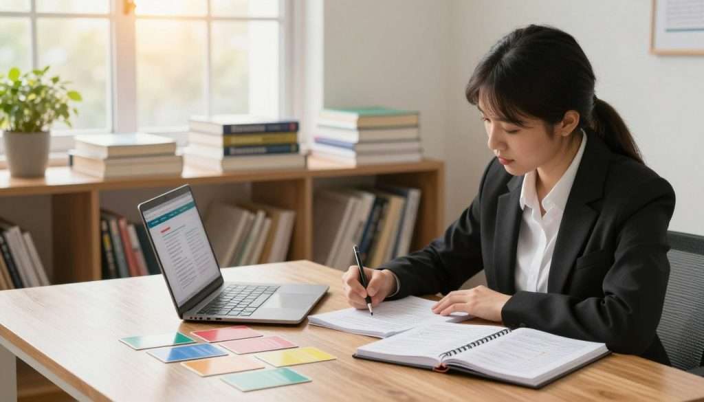 A serene study environment set in a cozy, well-lit room. In the foreground, a student wearing professional business attire sits at a wooden desk, focused on reviewing notes and practice questions for a multiple choice exam. Spread across the desk are colorful flashcards, a laptop open to a study resource website, and a planner with a detailed schedule. The middle layer features a bookshelf filled with textbooks and study guides, while a window in the background softly illuminates the space with golden afternoon light. A potted plant adds a touch of greenery, enhancing the atmosphere of calm concentration. The scene conveys an air of determination and effective preparation, highlighting the importance of the day before the exam. A serene study environment set in a cozy, well-lit room. In the foreground, a student wearing professional business attire sits at a wooden desk, focused on reviewing notes and practice questions for a multiple choice exam. Spread across the desk are colorful flashcards, a laptop open to a study resource website, and a planner with a detailed schedule. The middle layer features a bookshelf filled with textbooks and study guides, while a window in the background softly illuminates the space with golden afternoon light. A potted plant adds a touch of greenery, enhancing the atmosphere of calm concentration. The scene conveys an air of determination and effective preparation, highlighting the importance of the day before the exam.