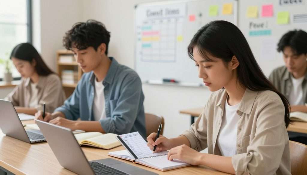 A serene study environment showcasing a diverse group of students engaged in focused work. In the foreground, a young woman in smart casual attire is using a digital planner, highlighting the concept of time blocking. To her left, a male student is studying with notebooks and a laptop, his face expressing concentration. In the middle ground, a whiteboard is filled with colorful schedules and notes, symbolizing organization and planning. The background features soft, natural light streaming in from a window, creating a warm and inviting atmosphere. A shelf stacked with books and motivational quotes adds to the motivational setting. Capture this scene from a slightly elevated angle to emphasize the students' focus and the organized learning space. The mood is inspiring and productive, perfect for illustrating effective study techniques. A serene study environment showcasing a diverse group of students engaged in focused work. In the foreground, a young woman in smart casual attire is using a digital planner, highlighting the concept of time blocking. To her left, a male student is studying with notebooks and a laptop, his face expressing concentration. In the middle ground, a whiteboard is filled with colorful schedules and notes, symbolizing organization and planning. The background features soft, natural light streaming in from a window, creating a warm and inviting atmosphere. A shelf stacked with books and motivational quotes adds to the motivational setting. Capture this scene from a slightly elevated angle to emphasize the students' focus and the organized learning space. The mood is inspiring and productive, perfect for illustrating effective study techniques.