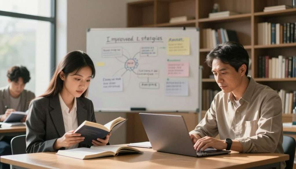 A serene study environment showcasing a diverse group of three professionals deep in concentration, engaged in learning activities. In the foreground, a young woman in smart business attire is reviewing a book, while a middle-aged man in casual clothing uses a laptop, highlighting focus and productivity. The middle ground features a large whiteboard with mind maps and notes that visually represent improved learning strategies. The background is filled with bookshelves and soft ambient lighting, creating a warm, inviting atmosphere. The scene is bathed in natural light filtering through a large window, casting gentle shadows that enhance the depth. The overall mood is focused and inspiring, capturing the essence of enhanced learning skills and the removal of distractions. A serene study environment showcasing a diverse group of three professionals deep in concentration, engaged in learning activities. In the foreground, a young woman in smart business attire is reviewing a book, while a middle-aged man in casual clothing uses a laptop, highlighting focus and productivity. The middle ground features a large whiteboard with mind maps and notes that visually represent improved learning strategies. The background is filled with bookshelves and soft ambient lighting, creating a warm, inviting atmosphere. The scene is bathed in natural light filtering through a large window, casting gentle shadows that enhance the depth. The overall mood is focused and inspiring, capturing the essence of enhanced learning skills and the removal of distractions.