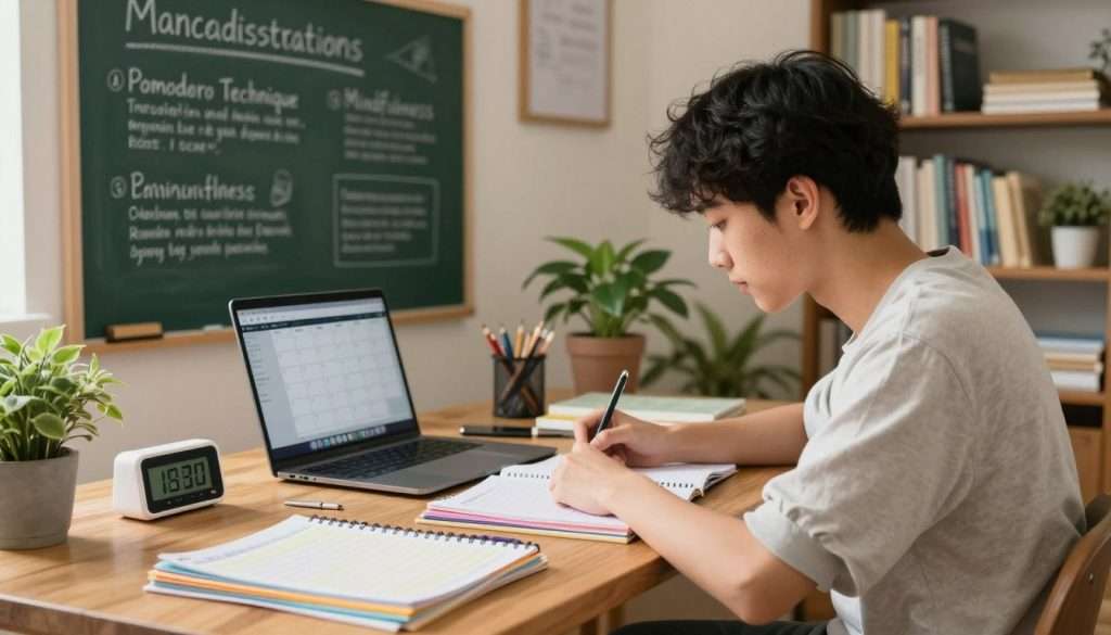 A serene study environment showcasing a student in a modest casual outfit, deeply focused as they manage their time effectively. In the foreground, a wooden desk cluttered with colorful planners, a digital timer, and a laptop displaying a calendar app conveys organization. The middle ground features a chalkboard with visual reminders for managing distractions and emotional balance, drawings illustrating strategies like "Pomodoro Technique" and "Mindfulness". The background consists of a cozy study space with warm lighting, potted plants, and bookshelves filled with educational resources, enhancing a peaceful atmosphere. The scene captures a sense of concentration and productivity, emphasizing the journey of managing interruptions and emotions while studying. Use soft, natural light to create a welcoming ambiance. A serene study environment showcasing a student in a modest casual outfit, deeply focused as they manage their time effectively. In the foreground, a wooden desk cluttered with colorful planners, a digital timer, and a laptop displaying a calendar app conveys organization. The middle ground features a chalkboard with visual reminders for managing distractions and emotional balance, drawings illustrating strategies like "Pomodoro Technique" and "Mindfulness". The background consists of a cozy study space with warm lighting, potted plants, and bookshelves filled with educational resources, enhancing a peaceful atmosphere. The scene captures a sense of concentration and productivity, emphasizing the journey of managing interruptions and emotions while studying. Use soft, natural light to create a welcoming ambiance.