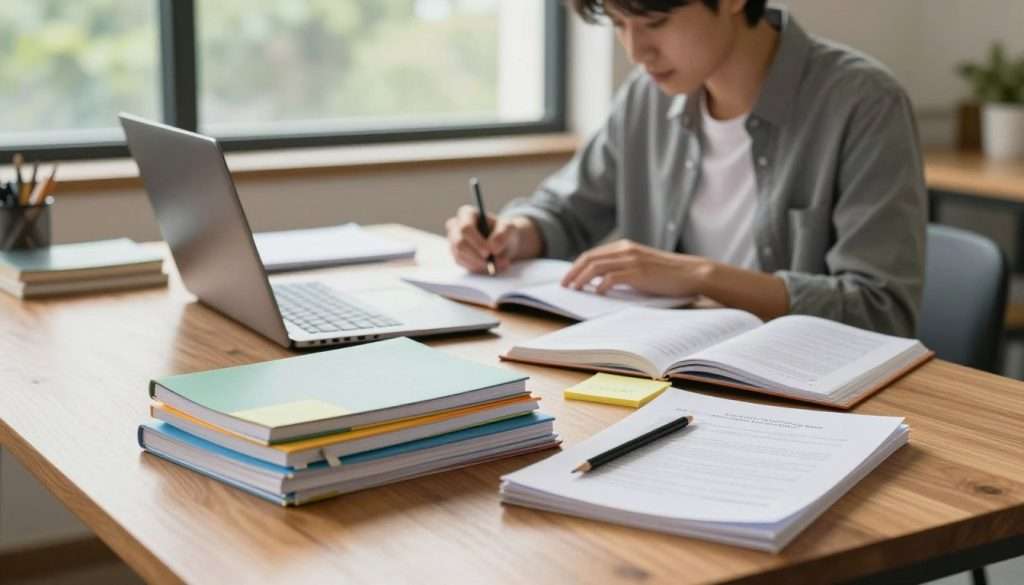A serene study environment showcasing a well-organized workspace. In the foreground, a polished wooden table displays a neatly arranged stack of high-impact assignments, including notebooks and study materials, all in vibrant colors. A modern laptop with an open document sits among motivational sticky notes and a sharp pencil. In the middle ground, a focused student, dressed in professional casual attire, reviews their notes intently under soft, warm lighting that creates a cozy atmosphere. A large window in the background allows natural light to flood in, with a view of green trees outside, symbolizing clarity and growth. The overall mood is focused and productive, encapsulating the essence of prioritizing effective study techniques. The composition is balanced, with a soft depth of field emphasizing the workspace while keeping the student slightly blurred for a professional touch.