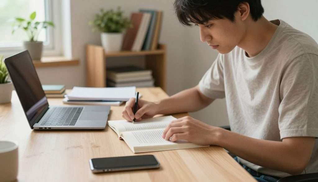 A serene study environment showcasing a young adult in modest casual clothing, intently focused on an open textbook on a clutter-free desk. In the foreground, a smartphone sits face-down, intentionally placed away from the individual, symbolizing phone addiction. The middle shows a well-lit, organized study space with a laptop, notebooks, and study materials neatly arranged. Soft, natural lighting from a nearby window illuminates the scene, creating a warm and inviting atmosphere. In the background, a shelf filled with plants and books adds depth and tranquility, enhancing the overall mood of concentration and purpose. The image captures the essence of a distraction-free study session, emphasizing the importance of reclaiming attention spans.
