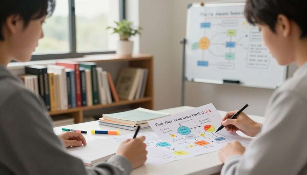 A serene study environment showcasing effective memory techniques for studying. In the foreground, a focused student reviews colorful diagrams and mnemonic devices on a desk filled with organized notes and highlighters. The middle ground features a bookshelf lined with academic books while a whiteboard displays visual aids like mind maps and flowcharts. In the background, a soft-lit window reveals a tranquil outdoor scene, allowing natural light to flood the room, creating a warm atmosphere. The scene is captured from a slight angle, emphasizing the student’s concentration and the surrounding study resources. The mood is calm and inspiring, encouraging productive studying. A serene study environment showcasing effective memory techniques for studying. In the foreground, a focused student reviews colorful diagrams and mnemonic devices on a desk filled with organized notes and highlighters. The middle ground features a bookshelf lined with academic books while a whiteboard displays visual aids like mind maps and flowcharts. In the background, a soft-lit window reveals a tranquil outdoor scene, allowing natural light to flood the room, creating a warm atmosphere. The scene is captured from a slight angle, emphasizing the student’s concentration and the surrounding study resources. The mood is calm and inspiring, encouraging productive studying.