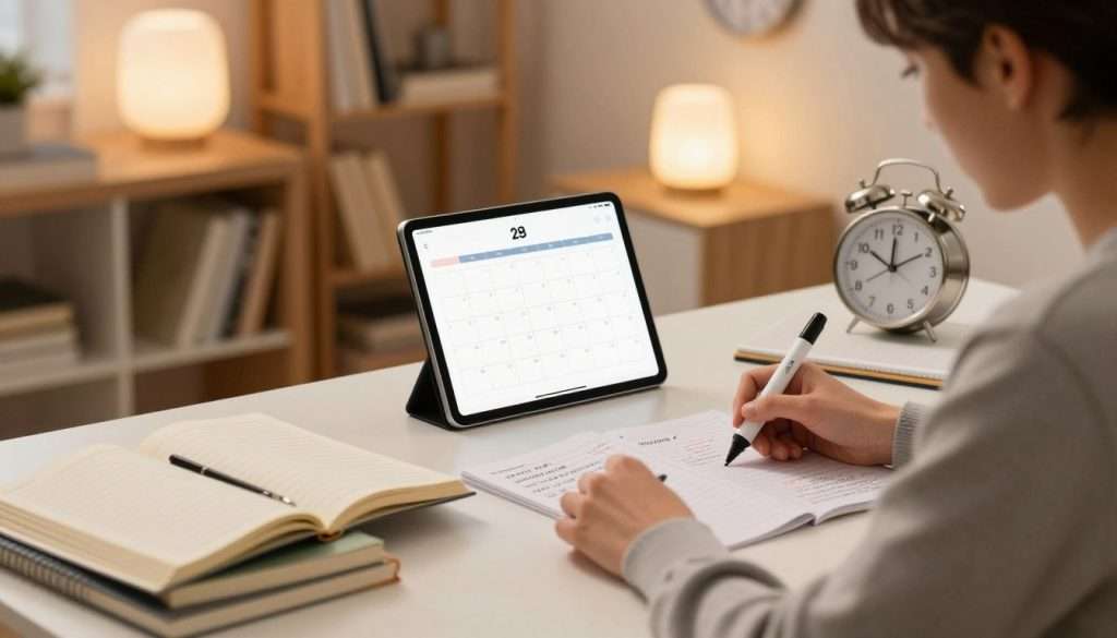 A serene study environment showcasing effective study strategies, featuring a well-organized desk with textbooks, notebooks, and a clock indicating study intervals. In the foreground, a focused student wearing smart casual clothing is actively using a highlighter on study notes. The middle layer displays a digital tablet alongside a calendar highlighting spaced-out review sessions. The background reveals a softly lit room with warm, ambient lighting, shelves filled with books, and a wall clock symbolizing time management. The overall atmosphere is calm and productive, encouraging focus and engagement. Capture this scene from a slightly elevated angle, evoking a sense of clarity and motivation in the study space.