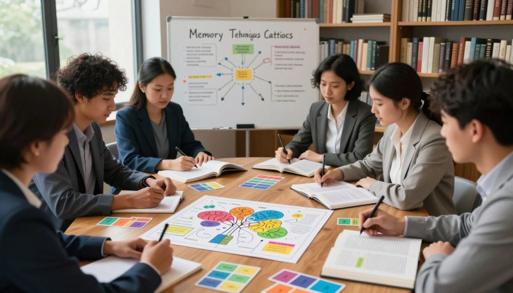 A serene study environment showcasing various memory techniques in action. In the foreground, a diverse group of adult learners, dressed in professional attire, are gathered around a large wooden table, engaging with colorful mind maps and flashcards. In the middle, a whiteboard filled with visual mnemonics and diagrams illustrating key concepts, alongside open textbooks filled with highlighted text. The background features a cozy library-like setting with shelves of books, soft natural lighting filtering through large windows, creating a calm and focused atmosphere. A focal lens captures the vibrant colors of the learning materials, emphasizing the enthusiasm and concentration of the participants, highlighting the importance of applying memory techniques to comprehend complex information effectively. A serene study environment showcasing various memory techniques in action. In the foreground, a diverse group of adult learners, dressed in professional attire, are gathered around a large wooden table, engaging with colorful mind maps and flashcards. In the middle, a whiteboard filled with visual mnemonics and diagrams illustrating key concepts, alongside open textbooks filled with highlighted text. The background features a cozy library-like setting with shelves of books, soft natural lighting filtering through large windows, creating a calm and focused atmosphere. A focal lens captures the vibrant colors of the learning materials, emphasizing the enthusiasm and concentration of the participants, highlighting the importance of applying memory techniques to comprehend complex information effectively.