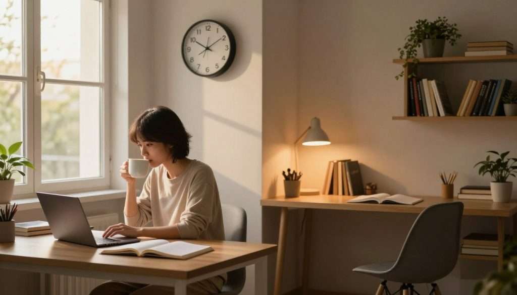 A serene study environment split between morning and night settings, showcasing a well-organized desk with study materials. In the foreground, a person in modest casual clothing sits at the desk, focused on a laptop, sipping coffee in the morning light. The middle section features a wall clock showing early morning with soft, natural sunlight streaming through a window, illuminating the room. On the opposite side, dim, warm lighting creates a cozy atmosphere with a notebook and lamp on the desk, representing late-night studying. The background includes a bookshelf filled with books and plants, creating a peaceful and productive vibe. The mood is calm and inspiring, inviting the viewer to contemplate their optimal study time depending on the task at hand.