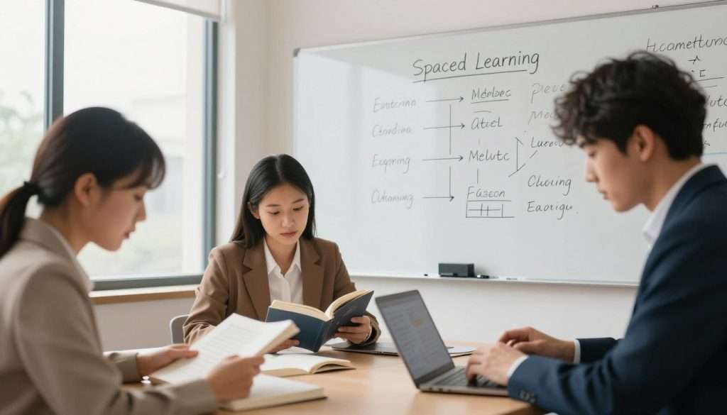 A serene study environment with a focus on effective learning techniques. In the foreground, a diverse group of three professionals, dressed in business attire, are actively engaging with books and digital devices, demonstrating collaboration and focused practice. The middle ground features a large whiteboard filled with notes and diagrams on spaced repetition methods. In the background, large windows let in soft, natural light, creating an inviting atmosphere. The angle is slightly tilted down to capture the interaction among the individuals and emphasize their concentration. Warm colors enhance the feeling of motivation and productivity, while a delicate balance of elements hints at the concept of spaced learning, evoking a sense of progress and understanding. A serene study environment with a focus on effective learning techniques. In the foreground, a diverse group of three professionals, dressed in business attire, are actively engaging with books and digital devices, demonstrating collaboration and focused practice. The middle ground features a large whiteboard filled with notes and diagrams on spaced repetition methods. In the background, large windows let in soft, natural light, creating an inviting atmosphere. The angle is slightly tilted down to capture the interaction among the individuals and emphasize their concentration. Warm colors enhance the feeling of motivation and productivity, while a delicate balance of elements hints at the concept of spaced learning, evoking a sense of progress and understanding.