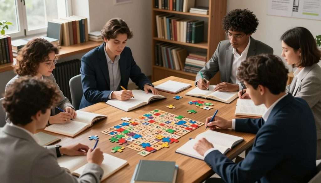 A serene study room filled with books and language-related materials, emphasizing a calming atmosphere. In the foreground, a diverse group of individuals, dressed in professional business attire, are engaged in activities such as solving puzzles, playing word games, and discussing ideas. The middle ground features a large wooden table adorned with open books, notebooks, and colorful pens, suggesting an active learning environment. In the background, a window allows gentle natural light to filter in, casting soft shadows that enhance focus and creativity. The overall mood is one of collaboration, concentration, and intellectual stimulation, underscoring the theme of language-based mental workouts. The perspective is slightly elevated, providing a clear view of both the participants and the enriching environment around them.
