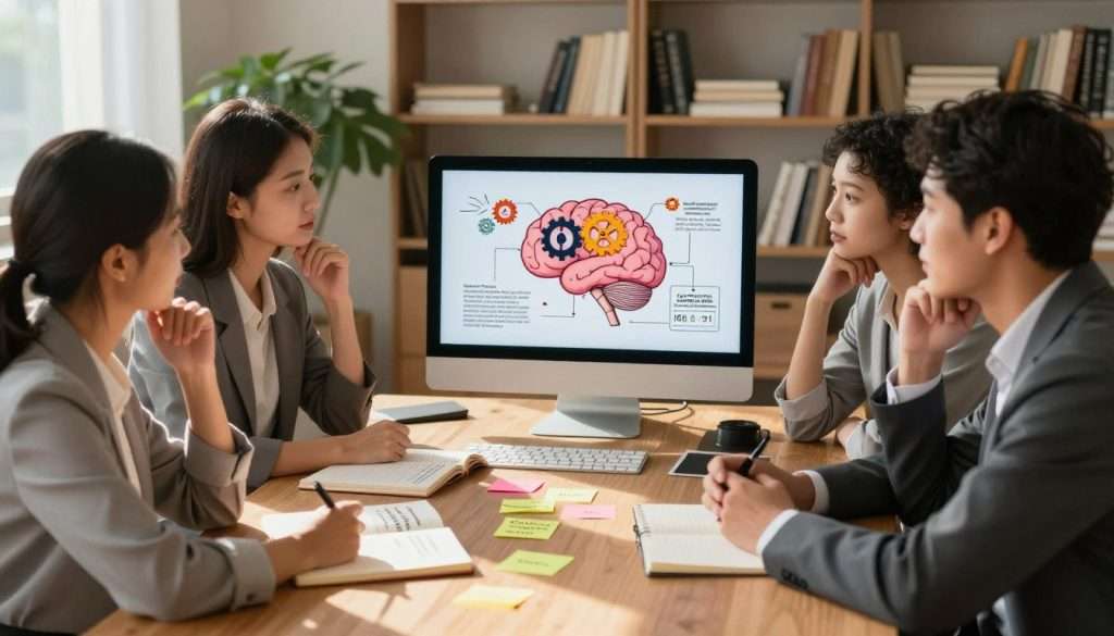 A serene study room filled with natural sunlight, featuring a wooden desk with an open notebook and colorful sticky notes representing various memory improvement techniques. In the foreground, a diverse group of three people—two women and one man—are engaged in discussion, each wearing professional business attire, looking thoughtful and focused. In the middle, a detailed brain diagram with gears, visual mnemonics, and mind maps is displayed on a digital screen. The background showcases bookshelves lined with books on psychology and learning, along with a potted plant adding a touch of nature. The atmosphere is calm and inspiring, created with soft, warm lighting to evoke a sense of creativity and focus. The scene is captured from a slightly elevated angle to emphasize the collaborative environment of memory enhancement. A serene study room filled with natural sunlight, featuring a wooden desk with an open notebook and colorful sticky notes representing various memory improvement techniques. In the foreground, a diverse group of three people—two women and one man—are engaged in discussion, each wearing professional business attire, looking thoughtful and focused. In the middle, a detailed brain diagram with gears, visual mnemonics, and mind maps is displayed on a digital screen. The background showcases bookshelves lined with books on psychology and learning, along with a potted plant adding a touch of nature. The atmosphere is calm and inspiring, created with soft, warm lighting to evoke a sense of creativity and focus. The scene is captured from a slightly elevated angle to emphasize the collaborative environment of memory enhancement.