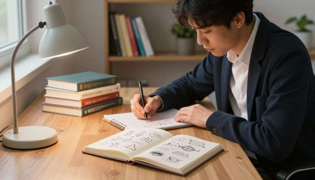 A serene study scene featuring a person seated at a wooden desk, deeply focused on a stack of books and notes. The foreground includes a soft, well-lit desk lamp casting warm light over an open notebook filled with diagrams and simplified concepts. In the middle, a thoughtful individual, dressed in smart casual attire, is sketching ideas on a notepad, embodying the essence of simplifying complex topics. The background showcases a bookshelf filled with colorful textbooks and a few potted plants that add a touch of calm to the atmosphere. Natural light filters softly through a nearby window, creating a tranquil yet intellectually stimulating mood that inspires clarity and understanding.