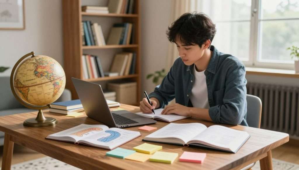A serene study scene that visually represents effective memory strategies. In the foreground, a wooden desk cluttered with colorful sticky notes and open notebooks displaying diagrams of memory palaces, complemented by a vintage globe. In the middle ground, a focused student dressed in smart casual attire, taking notes and engaging with a laptop, their expression deep in concentration. The background features a well-organized bookshelf filled with books on psychology and learning techniques, alongside a large window allowing natural light to flood the room, creating a warm, inviting atmosphere. Soft shadows enhance the mood of productivity and focus, with a cozy rug on the floor adding a touch of comfort. The overall tone is inspiring and motivating, encouraging effective study techniques.