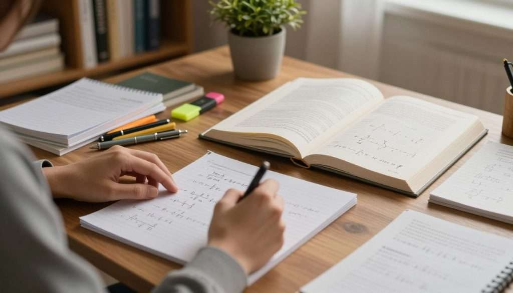 A serene study setting with a wooden desk cluttered with a variety of math textbooks, notebooks, and stationery items like pens and highlighters. In the foreground, a pair of hands, dressed in modest casual attire, is carefully working through a complex math problem on a notepad. The middle ground features an open textbook displaying intricate equations and diagrams, with a warm light illuminating these details, creating a focused atmosphere. In the background, a cozy bookshelf filled with academic books and a potted plant adds a touch of warmth and tranquility. The overall mood is one of concentration and calm, suggesting a moment of dedicated practice in an inviting study space. Soft focus on the edges enhances the intimate studying environment. A serene study setting with a wooden desk cluttered with a variety of math textbooks, notebooks, and stationery items like pens and highlighters. In the foreground, a pair of hands, dressed in modest casual attire, is carefully working through a complex math problem on a notepad. The middle ground features an open textbook displaying intricate equations and diagrams, with a warm light illuminating these details, creating a focused atmosphere. In the background, a cozy bookshelf filled with academic books and a potted plant adds a touch of warmth and tranquility. The overall mood is one of concentration and calm, suggesting a moment of dedicated practice in an inviting study space. Soft focus on the edges enhances the intimate studying environment.