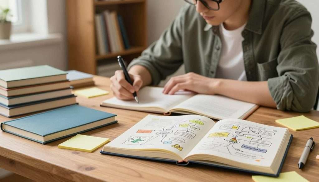 A serene study space bathed in soft, natural light, featuring a wooden desk scattered with colorful notebooks, sticky notes, and a modern pen. In the foreground, an open notebook displays vividly sketched diagrams and mind maps, illustrating effective note-taking techniques. In the middle ground, a focused young adult in smart casual attire engages with the tools, writing intently while surrounded by books. The background reveals a cozy bookshelf filled with well-organized textbooks and reference materials, enhancing the atmosphere of learning. The warm lighting creates a calm and productive mood, emphasizing concentration and creativity in transforming notes into effective memory tools. The image captures a moment of inspiration and productivity, underscored by an inviting and organized study environment.