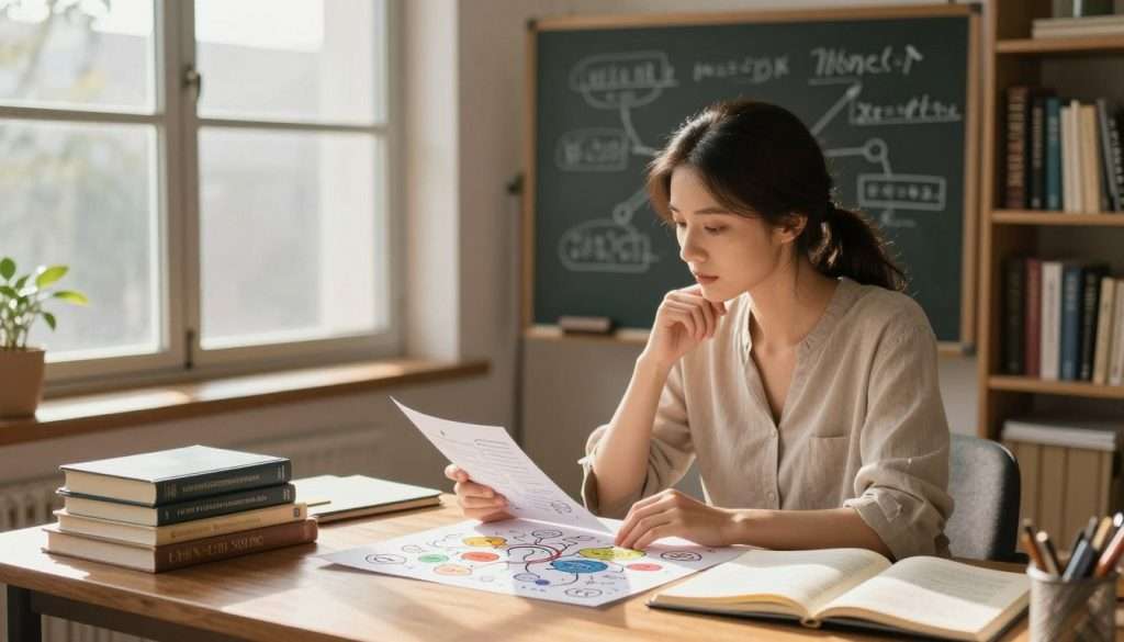 A serene study space designed for mastering complex topics. In the foreground, a professional woman in modest casual clothing sits at a wooden desk, immersed in thought as she reviews colorful mind maps and notebooks. Books on cognitive science and learning strategies are stacked neatly nearby. The middle ground features a large window letting in soft, warm sunlight, casting gentle shadows across the room. Behind her, a chalkboard displays interconnected concepts, illustrating the study system. The background includes shelves filled with various subjects like mathematics and philosophy, creating a cozy yet intellectually stimulating atmosphere. The soft lighting enhances focus, evoking a sense of calm and determination, with a shallow depth of field that draws attention to the subject and her study materials. A serene study space designed for mastering complex topics. In the foreground, a professional woman in modest casual clothing sits at a wooden desk, immersed in thought as she reviews colorful mind maps and notebooks. Books on cognitive science and learning strategies are stacked neatly nearby. The middle ground features a large window letting in soft, warm sunlight, casting gentle shadows across the room. Behind her, a chalkboard displays interconnected concepts, illustrating the study system. The background includes shelves filled with various subjects like mathematics and philosophy, creating a cozy yet intellectually stimulating atmosphere. The soft lighting enhances focus, evoking a sense of calm and determination, with a shallow depth of field that draws attention to the subject and her study materials.