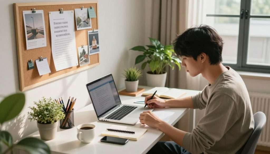 A serene study space designed for productivity, featuring a well-organized desk with a laptop, notebooks, and a cup of coffee. In the foreground, a young adult of Asian descent sits at the desk, wearing modest casual clothing, focused on their work with determination. The middle layer showcases an inspiring vision board on the wall, filled with motivational quotes and images, and plants adding a touch of nature. The background has large windows allowing natural light to fill the room, casting soft shadows. A warm, inviting atmosphere enhances the sense of focus and creativity, making it an ideal distraction-resistant workspace. The scene is captured with a slight overhead angle to highlight both the workspace and the individual’s engagement with their tasks. A serene study space designed for productivity, featuring a well-organized desk with a laptop, notebooks, and a cup of coffee. In the foreground, a young adult of Asian descent sits at the desk, wearing modest casual clothing, focused on their work with determination. The middle layer showcases an inspiring vision board on the wall, filled with motivational quotes and images, and plants adding a touch of nature. The background has large windows allowing natural light to fill the room, casting soft shadows. A warm, inviting atmosphere enhances the sense of focus and creativity, making it an ideal distraction-resistant workspace. The scene is captured with a slight overhead angle to highlight both the workspace and the individual’s engagement with their tasks.