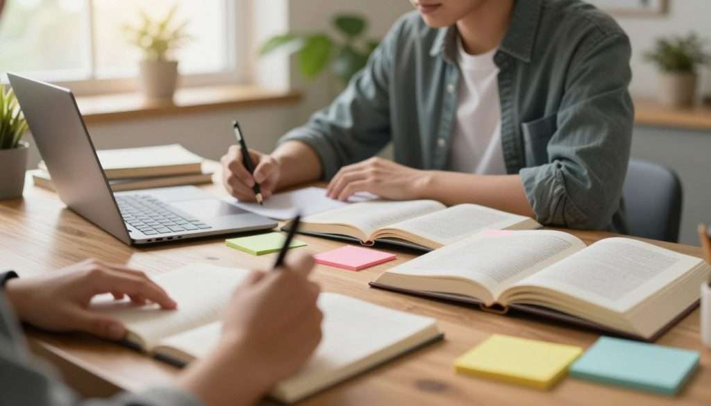 A serene study space focusing on a person actively engaged in learning, sitting at a wooden desk cluttered with open books, colorful sticky notes, and a laptop. The foreground features a close-up of the person's hands taking notes, highlighting the concept of active learning. In the middle, the individual, wearing smart casual clothing, looks focused yet relaxed, surrounded by plants that bring a sense of calm. The background includes a soft, warm light filtering through a window, adding a cozy atmosphere. The scene conveys a balance of productivity and tranquility, representing the idea of learning without feeling overwhelmed. The angle captures the entire desk setup, inviting viewers into the scene. A serene study space focusing on a person actively engaged in learning, sitting at a wooden desk cluttered with open books, colorful sticky notes, and a laptop. The foreground features a close-up of the person's hands taking notes, highlighting the concept of active learning. In the middle, the individual, wearing smart casual clothing, looks focused yet relaxed, surrounded by plants that bring a sense of calm. The background includes a soft, warm light filtering through a window, adding a cozy atmosphere. The scene conveys a balance of productivity and tranquility, representing the idea of learning without feeling overwhelmed. The angle captures the entire desk setup, inviting viewers into the scene.