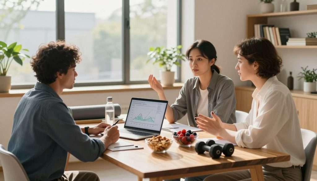 A serene, well-lit room filled with natural sunlight streaming through large windows. In the foreground, a diverse group of three professionals, two men and one woman, sit around a modern wooden table, engaging in an animated discussion about cognitive enhancement techniques. They are dressed in smart casual clothing. In the middle, an open laptop displays a graph illustrating improved cognitive function, flanked by bowls of nutritious snacks like berries and nuts. A yoga mat, weights, and a water bottle suggest exercise is part of their routine. In the background, a peaceful ambiance is created with potted plants and a bookshelf filled with books on health and wellness. The overall mood is inspiring and motivating, evoking a sense of focus and clarity. Soft, warm lighting enhances the inviting atmosphere.