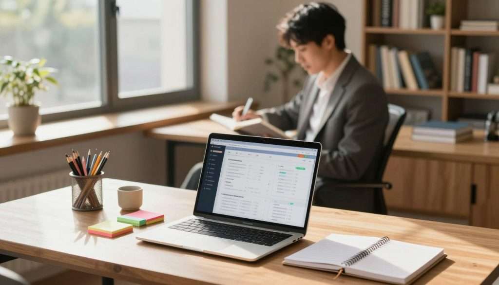 A serene workspace environment showcasing effective productivity tips. In the foreground, a sleek desk with an open laptop displaying a productivity app, surrounded by neatly organized stationery items like colorful sticky notes and a planner. The middle layer features a focused individual in professional business attire, sitting at the desk with an engaged expression, jotting down notes. Natural sunlight streams through a large window, highlighting the warm tones of the wooden furniture. In the background, shelves lined with books on productivity and focus-enhancing habits create an organized yet inviting atmosphere. Soft, diffused lighting enhances the calm and inspiring mood, making the scene feel motivational and conducive to studying.