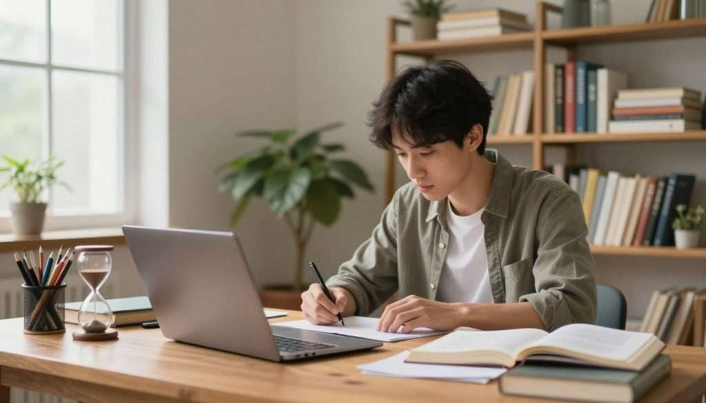 A serene workspace focusing on concentration techniques, featuring a student in modest casual clothing, surrounded by books and notes. In the foreground, a wooden desk cluttered with stationery, a laptop, and an hourglass symbolizing time management. The middle ground showcases shelves filled with neatly organized books and a potted plant adding a touch of nature. The background reveals a large window allowing soft, natural light to illuminate the room, creating a warm and inviting atmosphere. The overall mood is calm, emphasizing focus and determination, with a shallow depth of field highlighting the student deeply engaged in their work. The scene is framed with a slight upward angle, capturing the essence of productivity and a realistic deep work schedule in an academic context. A serene workspace focusing on concentration techniques, featuring a student in modest casual clothing, surrounded by books and notes. In the foreground, a wooden desk cluttered with stationery, a laptop, and an hourglass symbolizing time management. The middle ground showcases shelves filled with neatly organized books and a potted plant adding a touch of nature. The background reveals a large window allowing soft, natural light to illuminate the room, creating a warm and inviting atmosphere. The overall mood is calm, emphasizing focus and determination, with a shallow depth of field highlighting the student deeply engaged in their work. The scene is framed with a slight upward angle, capturing the essence of productivity and a realistic deep work schedule in an academic context.