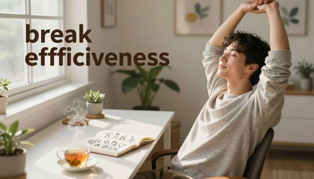 A serene workspace scene illustrating the concept of "break effectiveness." In the foreground, a young professional in modern, modest casual clothing sits at a desk, appearing relaxed and content as they stretch their arms above their head, basking in a warm glow of natural light streaming in from a nearby window. In the middle, a neatly organized desk featuring an open notebook with doodles of ideas and a steaming cup of herbal tea, symbolizing a successful break. The background shows a peaceful room with plants and calming artwork, enhancing the atmosphere of tranquility and rejuvenation. The lighting is soft and inviting, creating a warm, peaceful mood, while a slight depth of field effect focuses on the person and desk, softly blurring the background to emphasize the subject. A serene workspace scene illustrating the concept of "break effectiveness." In the foreground, a young professional in modern, modest casual clothing sits at a desk, appearing relaxed and content as they stretch their arms above their head, basking in a warm glow of natural light streaming in from a nearby window. In the middle, a neatly organized desk featuring an open notebook with doodles of ideas and a steaming cup of herbal tea, symbolizing a successful break. The background shows a peaceful room with plants and calming artwork, enhancing the atmosphere of tranquility and rejuvenation. The lighting is soft and inviting, creating a warm, peaceful mood, while a slight depth of field effect focuses on the person and desk, softly blurring the background to emphasize the subject.