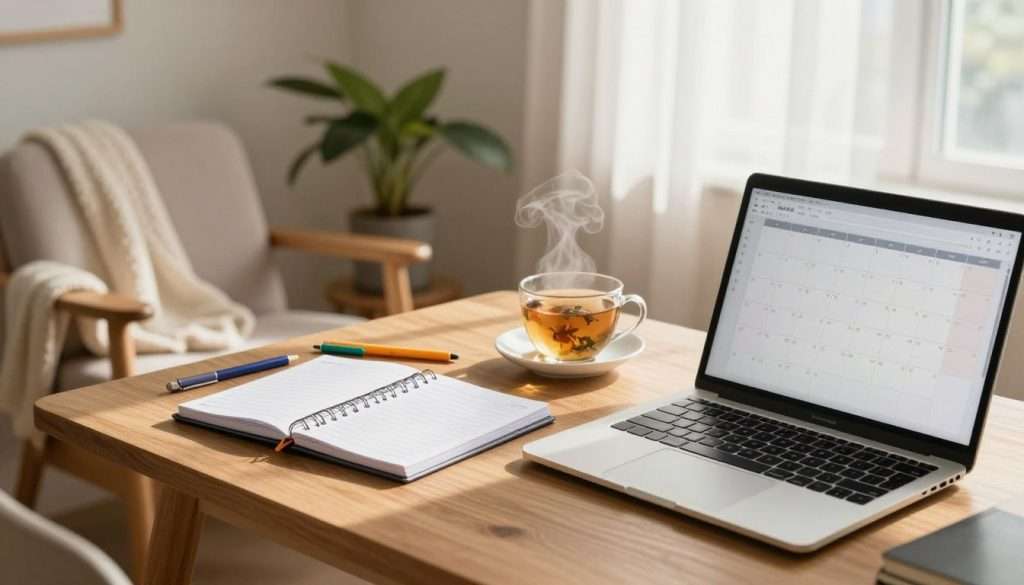 A serene workspace set up for a stress-free week, featuring a wooden desk adorned with a neatly arranged planner, colorful pens, and a steaming cup of herbal tea. In the foreground, an open laptop displays a well-organized calendar. The middle ground includes a cozy armchair with a plush throw, beside a small indoor plant, adding a touch of nature. The background reveals a sunlit window with sheer curtains, casting soft shadows, enhancing the calm atmosphere. Soft, warm lighting gives the scene a cozy and inviting feel. The overall mood is peaceful and organized, promoting a sense of readiness and tranquility, ideal for preparing for a successful week ahead. A serene workspace set up for a stress-free week, featuring a wooden desk adorned with a neatly arranged planner, colorful pens, and a steaming cup of herbal tea. In the foreground, an open laptop displays a well-organized calendar. The middle ground includes a cozy armchair with a plush throw, beside a small indoor plant, adding a touch of nature. The background reveals a sunlit window with sheer curtains, casting soft shadows, enhancing the calm atmosphere. Soft, warm lighting gives the scene a cozy and inviting feel. The overall mood is peaceful and organized, promoting a sense of readiness and tranquility, ideal for preparing for a successful week ahead.