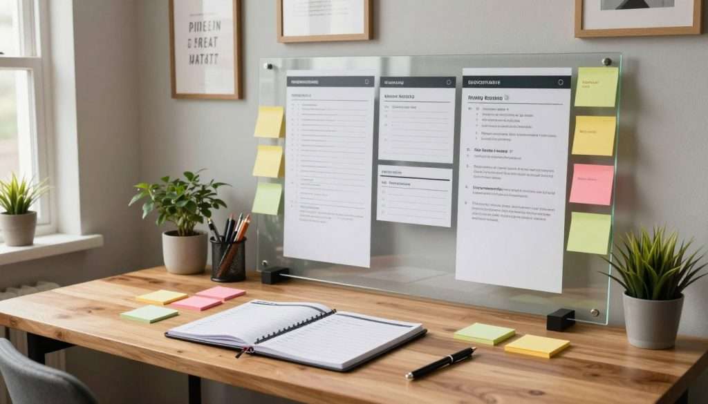 A sleek and organized workspace, embodying effective task management techniques. In the foreground, a modern wooden desk cluttered with colorful sticky notes, a digital planner displaying a checklist, and a pen poised for action. In the middle, a large, clear glass board filled with neatly arranged tasks and deadlines, illuminated by soft, natural light filtering through a nearby window. The background features a motivational wall with inspiring quotes in elegant frames, alongside indoor plants adding a touch of greenery. The atmosphere is vibrant yet focused, conveying productivity and clarity. The composition includes subtle lighting that enhances the workspace's warmth, shot from a slightly elevated angle to capture the layout comprehensively. A sleek and organized workspace, embodying effective task management techniques. In the foreground, a modern wooden desk cluttered with colorful sticky notes, a digital planner displaying a checklist, and a pen poised for action. In the middle, a large, clear glass board filled with neatly arranged tasks and deadlines, illuminated by soft, natural light filtering through a nearby window. The background features a motivational wall with inspiring quotes in elegant frames, alongside indoor plants adding a touch of greenery. The atmosphere is vibrant yet focused, conveying productivity and clarity. The composition includes subtle lighting that enhances the workspace's warmth, shot from a slightly elevated angle to capture the layout comprehensively.