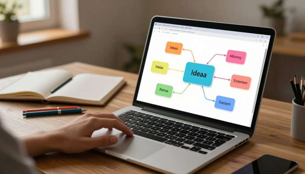 A sleek desk scene featuring a digital mind mapping software interface displayed on a modern laptop, showcasing vibrant, colorful nodes and connecting lines representing ideas. In the foreground, a hand is seen interacting with the laptop touchpad, fingers poised above it, suggesting an engaged user. The middle layer includes an open notebook and some colorful pens, emphasizing the choice between digital and paper methods. In the background, a cozy study room with warm, ambient lighting spills in through a window, casting soft shadows that enhance the inviting atmosphere. The overall mood is focused and productive, ideal for students seeking to improve their organization and study techniques. The camera angle is slightly overhead, capturing the entire scene in a balanced and engaging composition. A sleek desk scene featuring a digital mind mapping software interface displayed on a modern laptop, showcasing vibrant, colorful nodes and connecting lines representing ideas. In the foreground, a hand is seen interacting with the laptop touchpad, fingers poised above it, suggesting an engaged user. The middle layer includes an open notebook and some colorful pens, emphasizing the choice between digital and paper methods. In the background, a cozy study room with warm, ambient lighting spills in through a window, casting soft shadows that enhance the inviting atmosphere. The overall mood is focused and productive, ideal for students seeking to improve their organization and study techniques. The camera angle is slightly overhead, capturing the entire scene in a balanced and engaging composition.