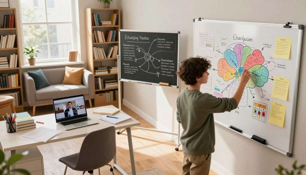 A spacious, well-lit study room filled with books and study materials, emphasizing effective studying techniques. In the foreground, a student in modest casual clothing actively engages with a colorful mind map on a large whiteboard, surrounded by notes and flashcards. Beside them, a tidy desk holds a laptop displaying educational videos and a laptop with a virtual study group on the screen. In the middle ground, a chalkboard displays key concepts and diagrams, while a cozy reading corner with plush seating and bookshelves is visible in the background. Soft, natural sunlight streams through a window, creating an inviting and focused atmosphere. The overall mood is energetic and inspiring, encouraging active learning and collaboration among students. A spacious, well-lit study room filled with books and study materials, emphasizing effective studying techniques. In the foreground, a student in modest casual clothing actively engages with a colorful mind map on a large whiteboard, surrounded by notes and flashcards. Beside them, a tidy desk holds a laptop displaying educational videos and a laptop with a virtual study group on the screen. In the middle ground, a chalkboard displays key concepts and diagrams, while a cozy reading corner with plush seating and bookshelves is visible in the background. Soft, natural sunlight streams through a window, creating an inviting and focused atmosphere. The overall mood is energetic and inspiring, encouraging active learning and collaboration among students.