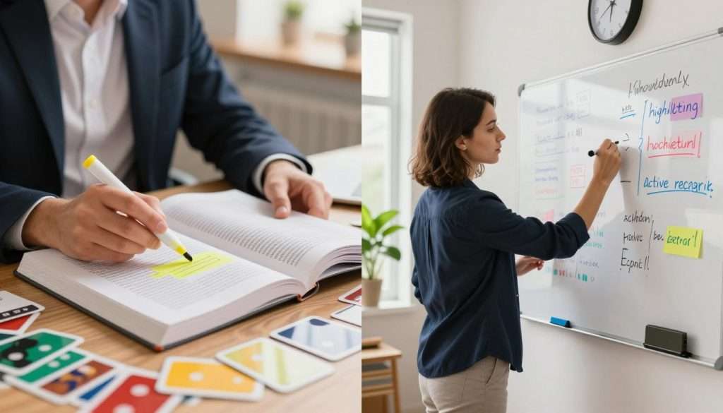 A split image illustrating the contrast between "highlighting" and "active recall" methods of studying. On the left side, a cluttered study desk with a student in professional business attire, lazily highlighting a textbook with a yellow marker. The warm, soft lighting casts a cozy but stagnant mood. On the right side, a vibrant scene shows the same student actively recalling information, writing notes on a whiteboard with colorful markers, surrounded by scattered flashcards and study materials. Bright, natural light floods the room, creating an energetic and dynamic atmosphere. A plant in the background adds freshness, and a clock on the wall emphasizes time management in study habits. The composition is sharp and clear, focusing on the distinct approaches to learning.