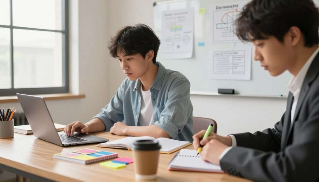 A student seated at a well-organized study desk, surrounded by colorful study materials like notebooks and flashcards, actively engaging with a laptop on the left side. In the foreground, a person in professional business attire is taking notes, deeply focused, with a highlighter and a cup of coffee beside them, reflecting productivity. In the middle background, a wall-mounted whiteboard filled with study outlines and diagrams provides visual context to their studying methods. Soft, warm lighting fills the room, creating a cozy atmosphere, while a large window in the background allows natural light to stream in, illuminating the scene. The composition is framed with a slight depth of field, emphasizing the act of study, conveying determination and focus on applying learned knowledge effectively.